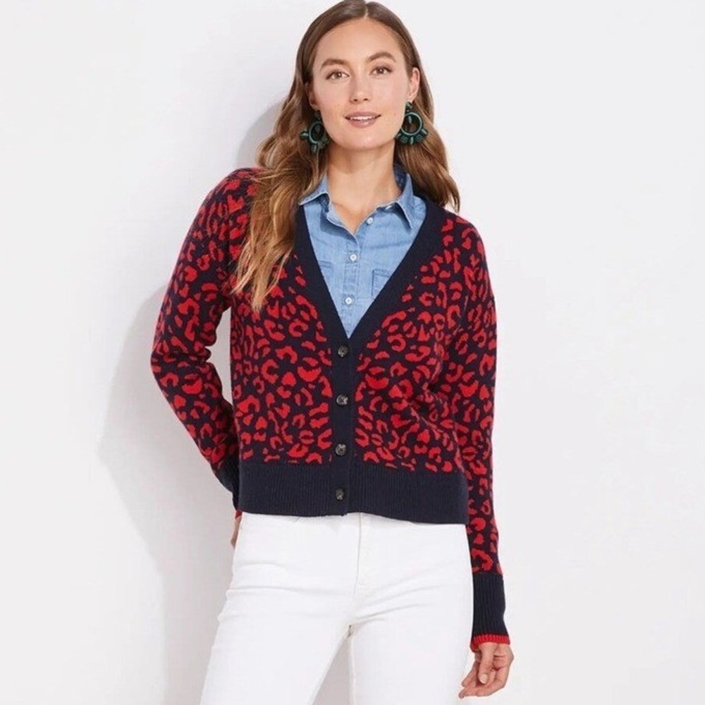 Vineyard Vines Leopard Print Merino Wool Cashmere Cardigan Small